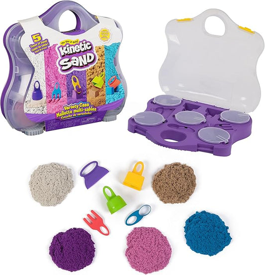 Kinetic Sand, Variety Case with 2lbs Play Sand (Beach, Neon & Shimmer) & 5 Tools, Reusable Storage, Sensory Toys for Kids Ages 3 and up