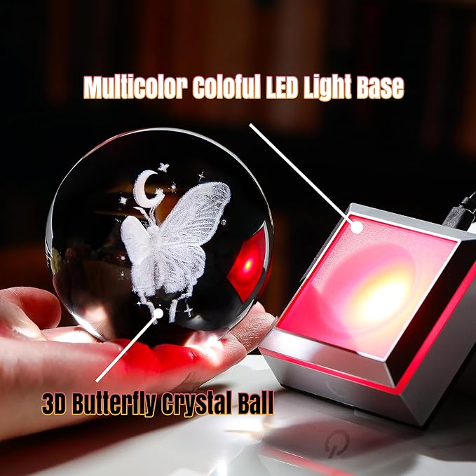3D Crystal Butterfly Ball Gifts for Women, Gifts Ideas for Wife Mom Girlfriend Couple Her, Butterfly with Star Moon in Crystal Ball 3.15in with Colorful LED Light Base Home Office Decor