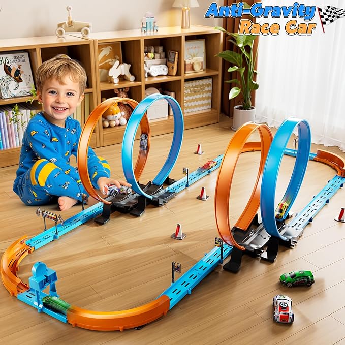 Toy Car Race Track Set for Boys Kids Age 3-5 4-7, Race Tracks with 4 Crash Zones and 1:64 Scale High-Speed Slot Cars, Christmas Halloween Birthday Gifts Toys for Toddlers Boys 4-8 8-12 Years