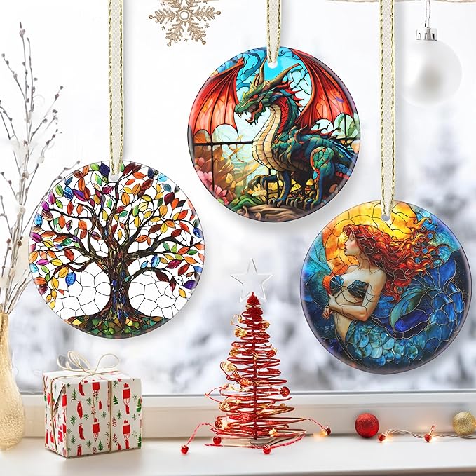 3.5 Inch Ceramic Christmas Tree Ornament, Flying Dragon Christmas Ornaments, Heirloom Keepsake, Gift Exchange, Gift Idea, Bauble Present