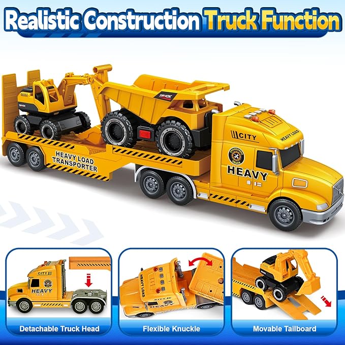 SpringFlower 3 4 5 6 Toddler Boy Toys, 25" Construction Carrier Truck Vehicle Car, Boys Car Toys with Excavator and Dump Truck, Birthday Gifts for Kids 3 4 5 6 Years Old