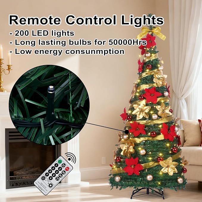 Pop Up Christmas Tree with Lights and Decorations & Remote, 6FT Prelit Pull Up Artificial Xmas Trees Decorated Christmas Tree with Red Gold Christmas Ball Ornaments Bows Ribbons Holiday Party Decor