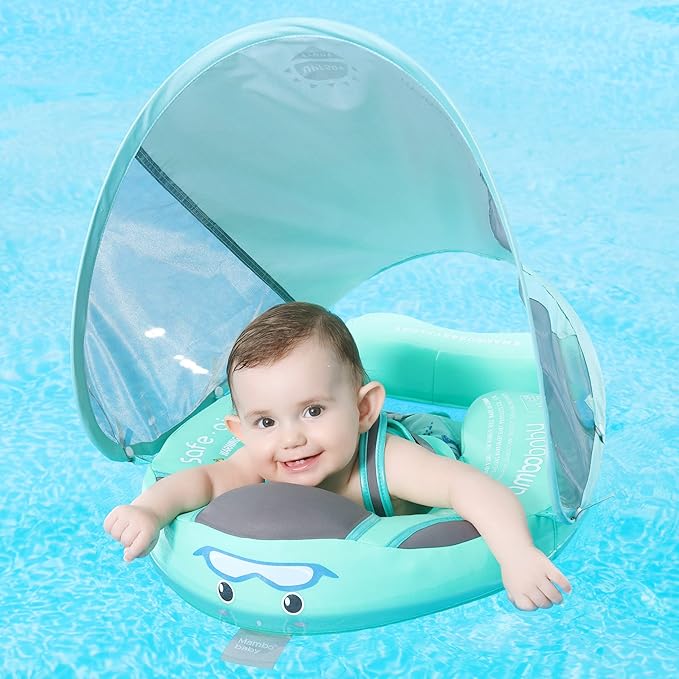 Mambobaby Float Add Tail Baby Swim Float with Canopy, Non-Inflatable Solid Baby Float, Upgrade Soft Skin-Friendly Fabric Material Infant Swim Float (Special Edition Green)