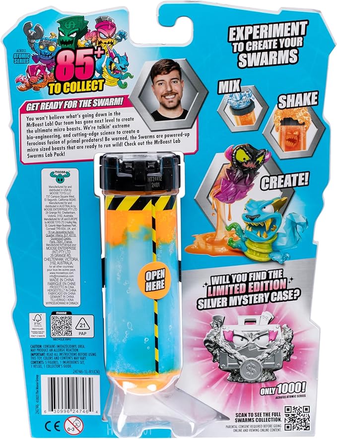 MrBeast Lab Swarms Series 2 Atomic Lab 5 Pack – Collectible Micro Beasts, Add Water & Shake Test Tube to Reveal 2 of 5 Surprise 1" Figures, 85 to Collect, Mystery Teams, Fun Unboxing Toy for Kids 5+