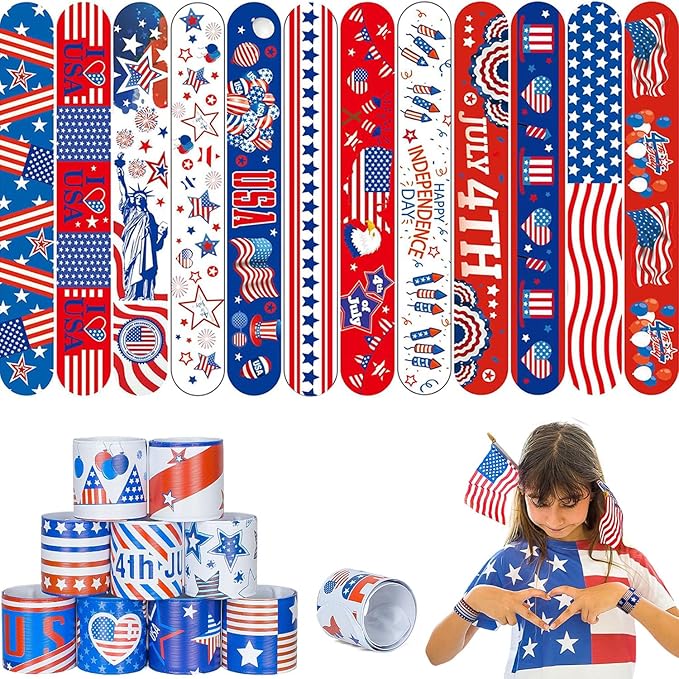 48 pcs 4th of July Slap Bracelets Toys, 4th of July Party Favors Supplies Patriotic Accessories Decorations