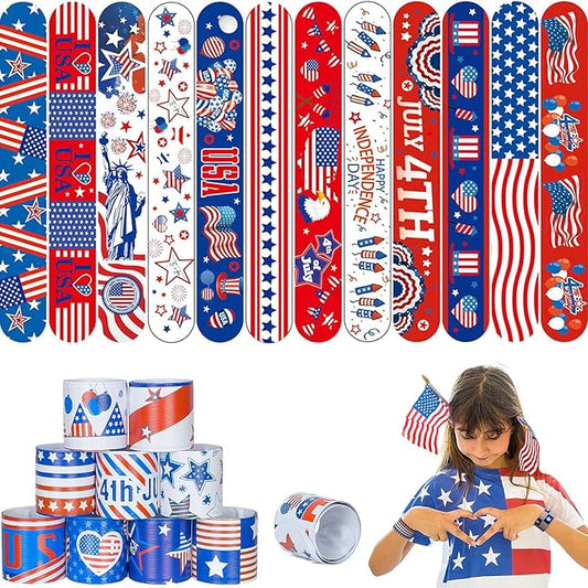 48 pcs 4th of July Slap Bracelets Toys, 4th of July Party Favors Supplies Patriotic Accessories Decorations