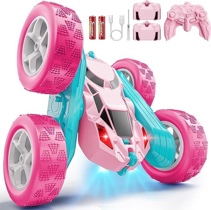 Pink RC Car for Girls Age 6+, 360° Rotating Stunt Remote Control Vehicle with LED Lights, Upgraded 4WD USB-C Rechargeable Electric Toy, Perfect Birthday, Holiday