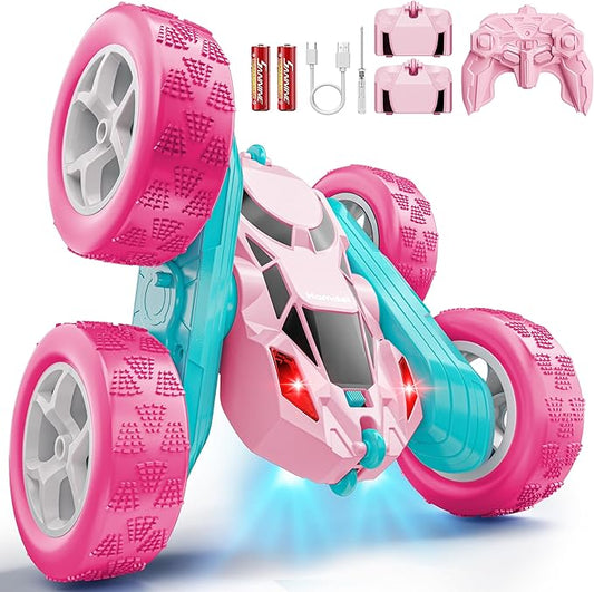 Pink RC Car for Girls Age 6+, 360° Rotating Stunt Remote Control Vehicle with LED Lights, Upgraded 4WD USB-C Rechargeable Electric Toy, Perfect Birthday, Holiday