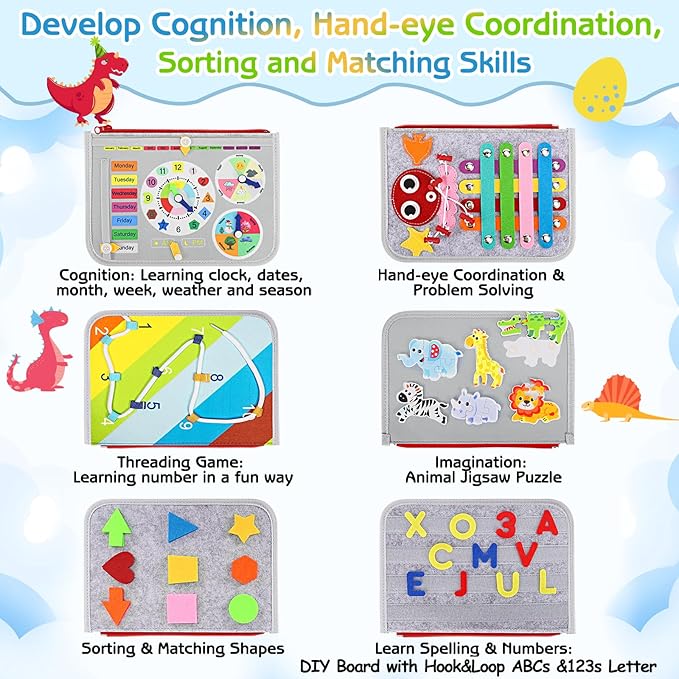 Esjay Toddler Busy Board Montessori Toys, Sensory Board Educational Activities for Learning Fine Motor Skills, Gifts for Girls Boys Toddlers, Travel Toys for Airplane Car,Grey Dinosaur