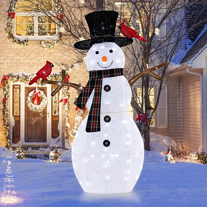Tangkula 4.2 FT Lighted Christmas Snowman with Redbirds, Pre-Lit Snowman Ornament Christmas Decoration with Cold White LED Lights, Stakes, Outside Xmas Yard Decor, Xmas Indoor Outdoor Holiday Decor