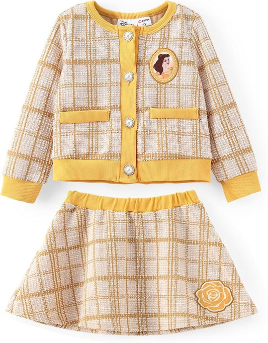 Disney Frozen Elsa Stitch Princess Moana Minnie Toddler Girl 2 Piece Outfit Kid Pearl Button Knit Top & Tweed Skirt Set 2-13Y