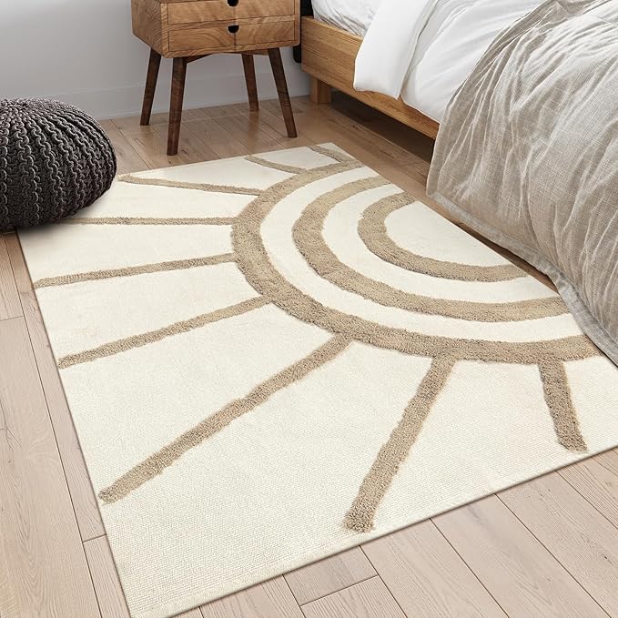 OJIA Boho 4'X6' Washable Rug, Cotton Tan Bedroom Rug Bohemian Area Rugs for Living Room/Kids Room, Tufted Sun Rug Nursery Rug Modern Farmhouse Floor Carpet for Bedside/Dorm