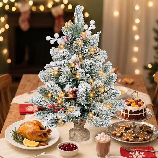 ININ 2FT Pre-lit Mini Christmas Snow Flocked Tree,Tabletop Artificial Christmas Tree with LED Lights, Small Xmas Pine Tree with Cloth Bag Base for Christmas Decor,12 Clusters Berry & 8 Pinecones
