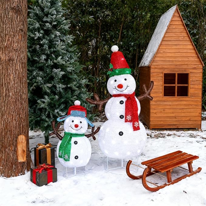 Hausse Set of 2 Lighted Christmas Snowman Decorations, 3.6+2.6FT Outdoor Pre-Lit White Snowmen with Lights, Light Up Collapsible Xmas Yard Display, Plug in for Holiday New Year Winter Garden Yard