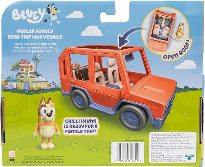 Bluey Heeler Family Road Trip 4WD Vehicle, Includes Articulated Chilli Figure, with Open Roof to Easily Fit 4 Figures Inside, Ideal for All 2.5 Inch Figures (Sold Separately)