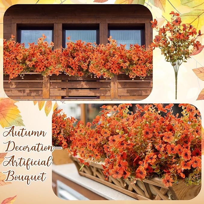 Zeyune 48 Bundles Fall Artificial Flowers Outdoor Decor, Orange UV Resistant Fake Autumn Mums for Thanksgiving, Halloween Pumpkin Porch, Window Box, Patio and Garden Decoration