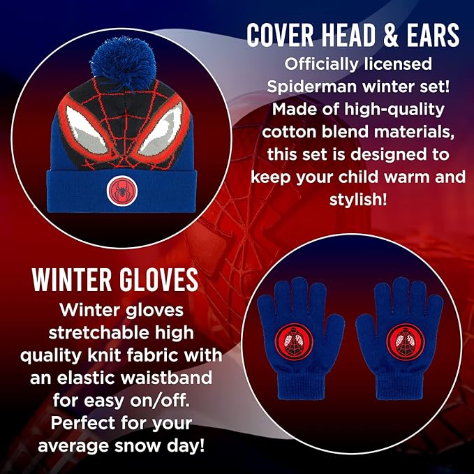 Marvel Spider-Man Kid’s Winter Hat and Snow Gloves for Boys and Toddlers, 2 Pc. Set, Pom-Pom Beanie with Warm Mittens