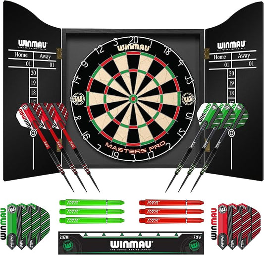 Winmau Darts - Masters Pro Premium Bristle Dartboard Set - Includes Dart Board, Darts, Flights, Shafts and Oche Strip - Professional Steel Tip Darts & Dart Board for Adults