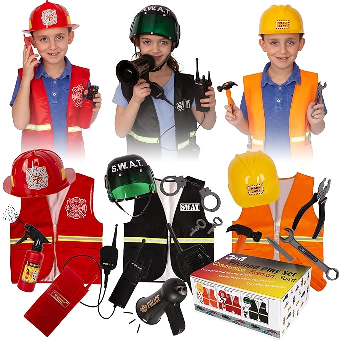 Tigerdoe Construction Costume for Kids - Construction Hat and Costume Vest - Dress Up Accessories for Children (3 Costume Sets - Construction, Swat and Fireman Costume)