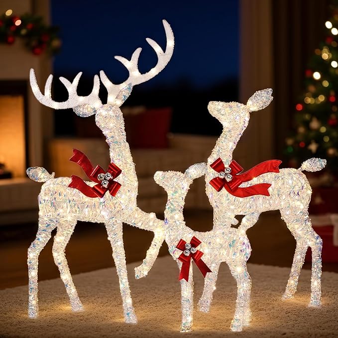 3-Piece Large Lighted Christmas Deer Family Set, 3D Reindeer Christmas Outdoor Decoration with 225 Warm White LED Lights, Ground Pegs, Cable Ties. Suitable for Patio Garden Party-Colorful