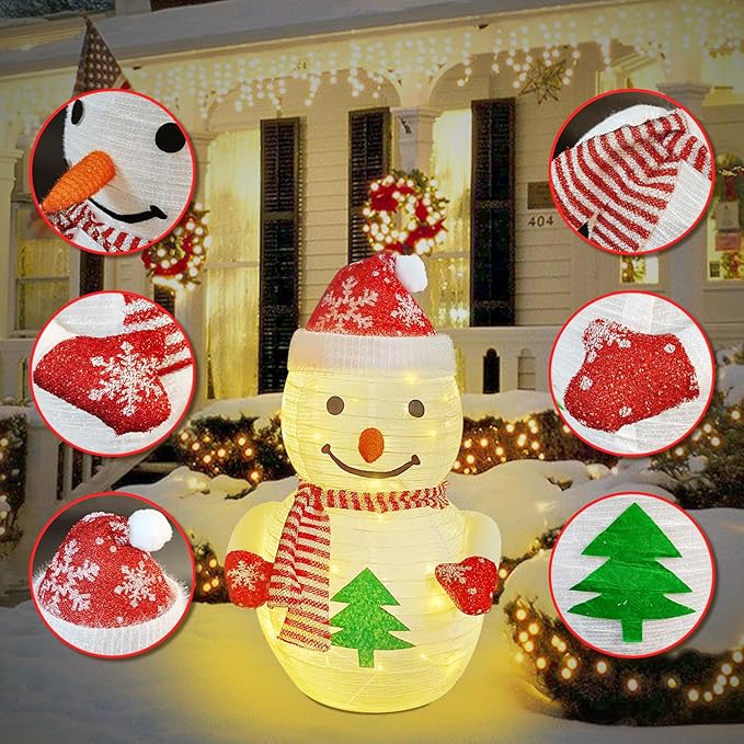 Lighted Pop-up Christmas Snowman Decorations, 27 Inch 3D Snowman with 45 LED Warm White Lights, Battery Powered Collapsible Prelit Snowman for Indoor Outdoor Christmas Garden Yard Xmas Decor, Timer