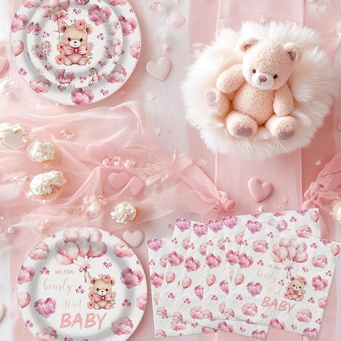 40 Guests We Can Bearly Wait Baby Shower Plates – Pink Teddy Bear Plates and Napkins Set for Girl Baby Shower Decorations