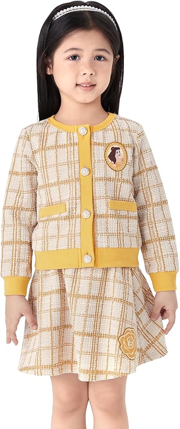 Disney Frozen Elsa Stitch Princess Moana Minnie Toddler Girl 2 Piece Outfit Kid Pearl Button Knit Top & Tweed Skirt Set 2-13Y