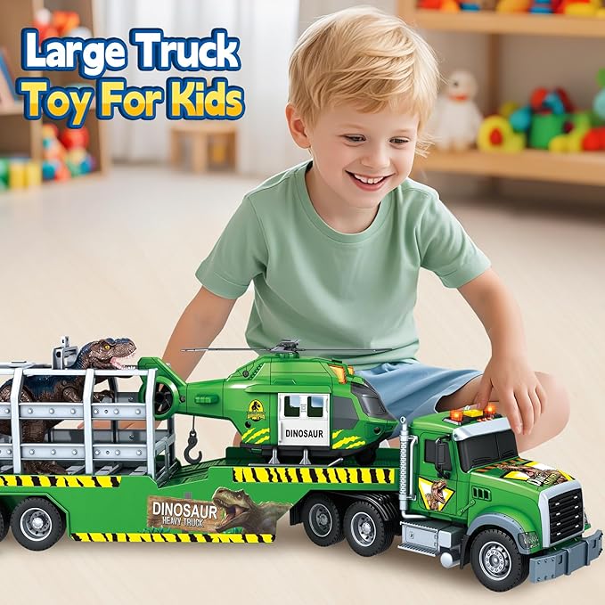 SpringFlower Carrier Dino Truck Kids Toys, 24“ Semi Truck Toy with Helicopter & Dino Toy with Lights, Sounds, Vehicle Toy for Toddlers 3 4 5 6 7, Birthday Gifts for Kids