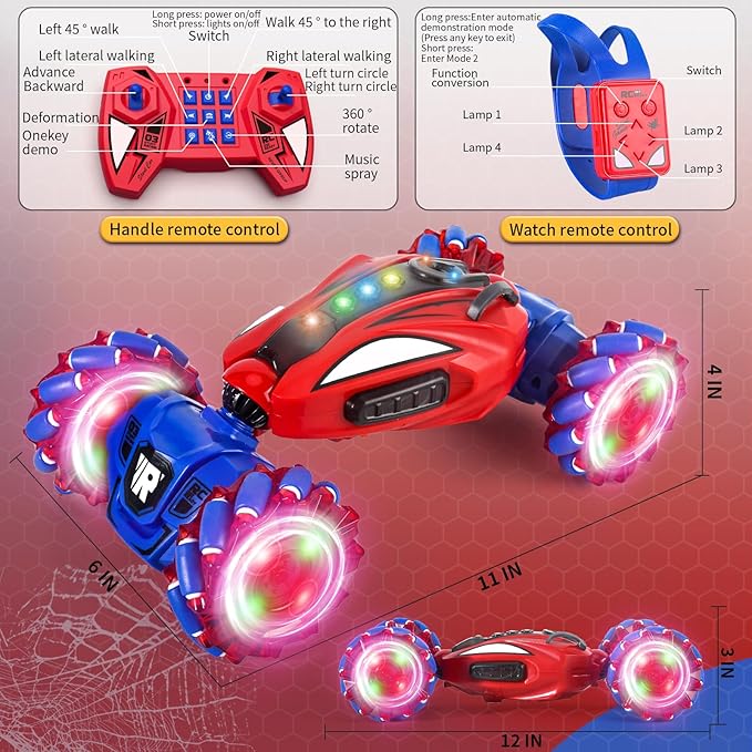 Spider Remote Control Car, Gesture Sensing Stunt Car, Spider Toys Gifts for Boys 4-6 6-8 8-12 Year Old, 2.4GHz 4WD Drift Hand Controlled Twist Cars, Off-Road 360° Rotating Cars with Lights Spray Music