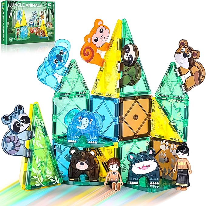Magnetic Tiles Set, Magnet Blocks Building Toys, Safari Animals Magnetictile for Toddler 3-5, Assembly 3D Structure Jungle & Forest Theme, STEM Learning Toy for Kids Girls,Boys Age 3 4 5 6 7