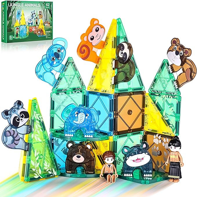 Magnetic Tiles Set, Magnet Blocks Building Toys, Safari Animals Magnetictile for Toddler 3-5, Assembly 3D Structure Jungle & Forest Theme, STEM Learning Toy for Kids Girls,Boys Age 3 4 5 6 7