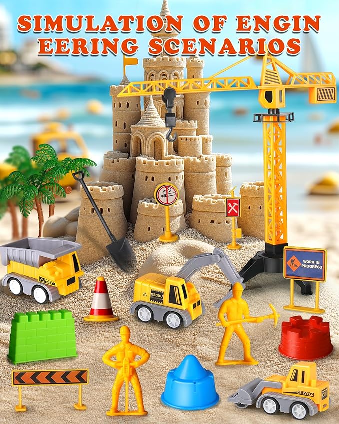 Sand Construction Site Kits, Construction Sensory Bins for Toddlers, Magic Play Sand Moldable Dream Folding Sand Boxes Zone Storage Container Castle Truck Sets Toys Bun for Kids Boys Girls