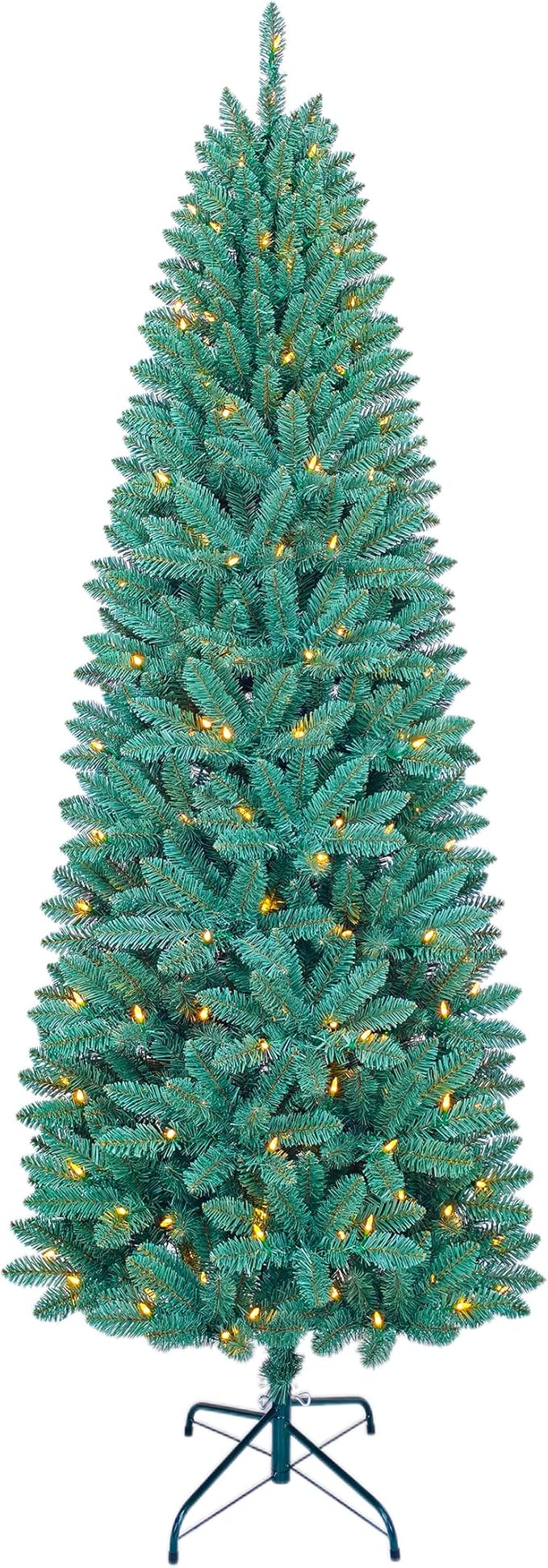 7.5FT Prelit Slim Artificial Christmas Tree with 843 Branch Tips, 250 Dual-Color LED Lights and Metal Stand, Realistic Skinny Pencil Blue Spruce Tree with Multi-Function Lights