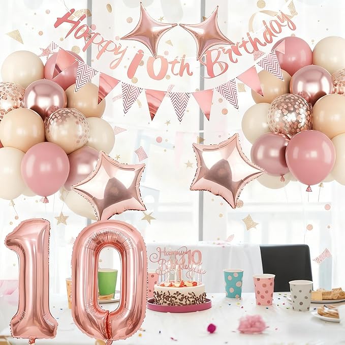 10th Birthday Decorations for Girls, Retro Pink Double Digits 10 Balloon Set Happy 10th Birthday Banner Cake Topper Dusty Pink Nude Confetti Star Balloons for Boho 10 Year Old Bday Party Decoration