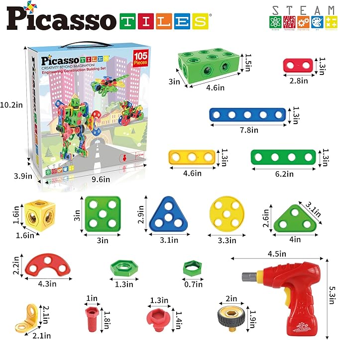 Picasso Toys STEM Learning Toys 105 Piece Building Block Set Kids Construction Engineering Kit Toy Blocks Children Early Education Playset w/IdeaBook, Power Drill, Clickable Ratchet, Age 3+ PTN105