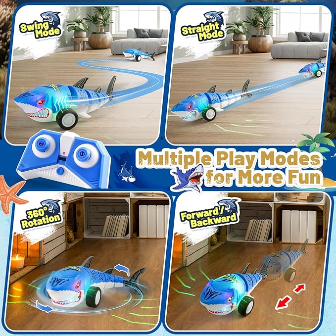 Shark Remote Control Car for Kids,2.4Ghz Electric RC Shark Toys with Glowing Light and Flexible Tail,Rechargeable Robot Shark Toys with Swing and Straight Mode, Hobby RC Car for Boys Girls