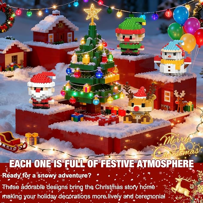 4 Pack Santa Claus Design Building Blocks Set, Christmas Theme Building Blocks Ornaments, Mini Building Figures, DIY Stocking Stuffers, Xmas New Year Birthday Gifts (Set B)