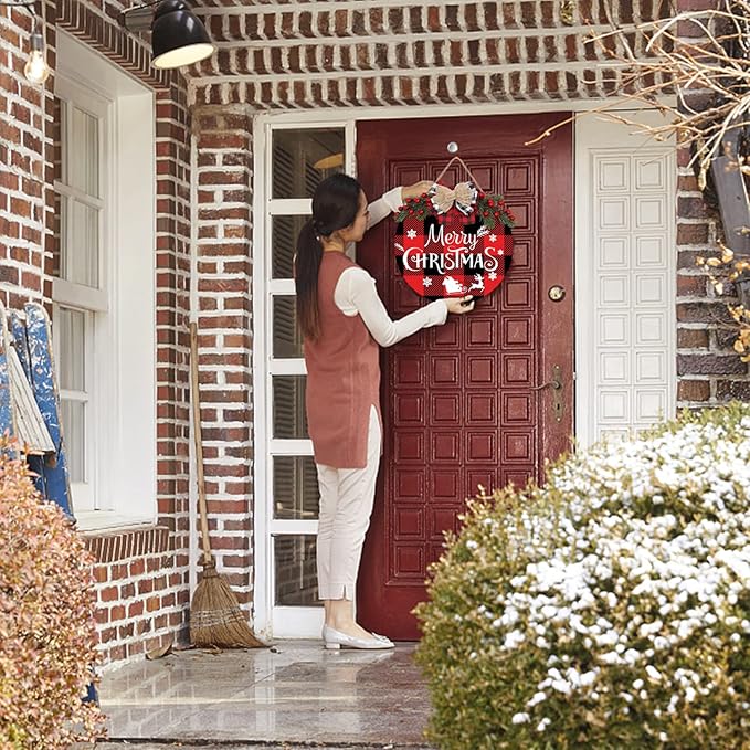 Merry Christmas Decorations Wreath, Merry Christmas Sign Front for Door Decoration, Rustic Wooden Holiday Decor for Front Door Porch Window Wall Farmhouse Indoor Outdoor Decorations