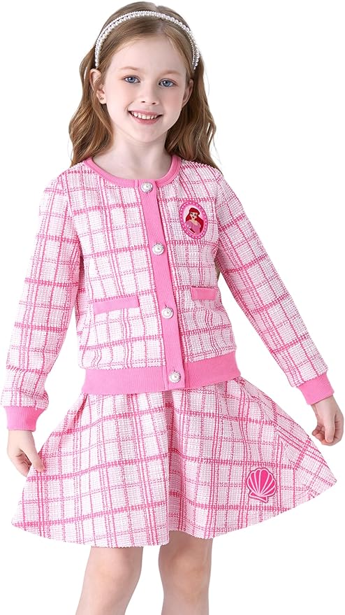 Disney Frozen Elsa Stitch Princess Moana Minnie Toddler Girl 2 Piece Outfit Kid Pearl Button Knit Top & Tweed Skirt Set 2-13Y