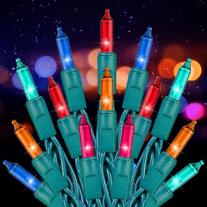 Brightown Multicolor Christmas String Lights, 100-Count 25ft Incandescent Bulb Mini Lights for Indoor Holiday Decor, Christmas Tree Garland Wedding Party Multi-Use Festival Decoration, Green Wire