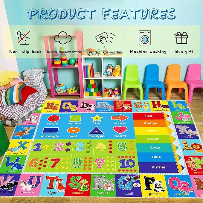 ABC Play Carpet for Kids – Extra Large Preschool Rug with ABCs, Numbers, Animals, and Colors for Playroom & Classroom - (59X39.4Inches)