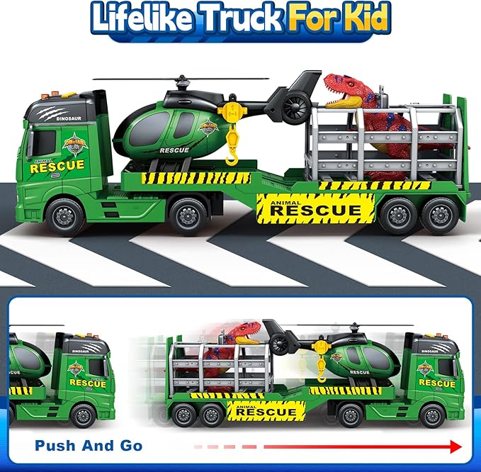 Toddler Boy Toys for 3 4 5 6 7 Years Kids, 23" Semi Flatbed Truck Toy with a Dinosaure Truck, Friction Powered Vehicles Toys with Lights and Sounds, Birthday for Boy Girls