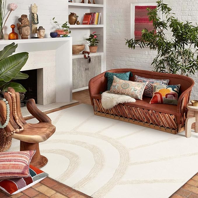 OJIA Boho Living Room Rug 5'x8', Large Washable Rugs Soft Tufted Bedroom Nursery Rug, Cotton Woven Beige Area Rugs Floor Carpet for Dorm/Kids Room/Dining Room/Office