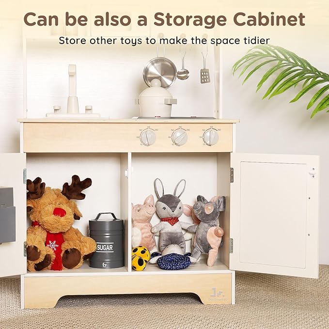 SainSmart Jr. Wooden Play Kitchen for Kids - Premium Toddler Pretend Play Cooking Set - Includes Stove, Refrigerator, and Accessories for Boys and Girls