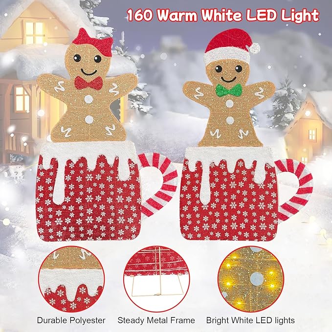 2D Light Up Gingerbread Man Christmas Decorations, 42 Inch Lighted Christmas Outdoor Decorations Yard with 160L, 2Pcs Gingerbread Man Couple Xmas Festive Holiday Front Garden Patio Yard Lawn Display