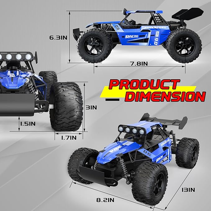 1:12 Scale RC Car for Kids 3-5-7, Fast Remote Control Monster Truck 2WD 20km/h Off-Road Toy, Alloy Shell, LED Lights, Off Road for Boys 4-7 & Beginners, 30 Minutes Play Time