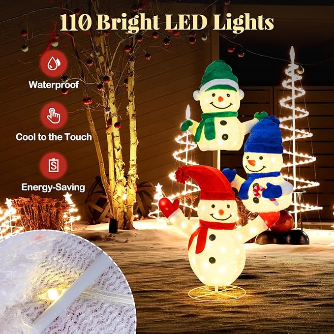 Tangkula 5 FT Christmas Lighted 3 Stacked Snowman Decoration, 3D Light-up Snowman with Ground Stakes & Zip Ties, Pre-Lit Xmas Holiday Snowman Decoration for Indoor Outdoor Home Yard