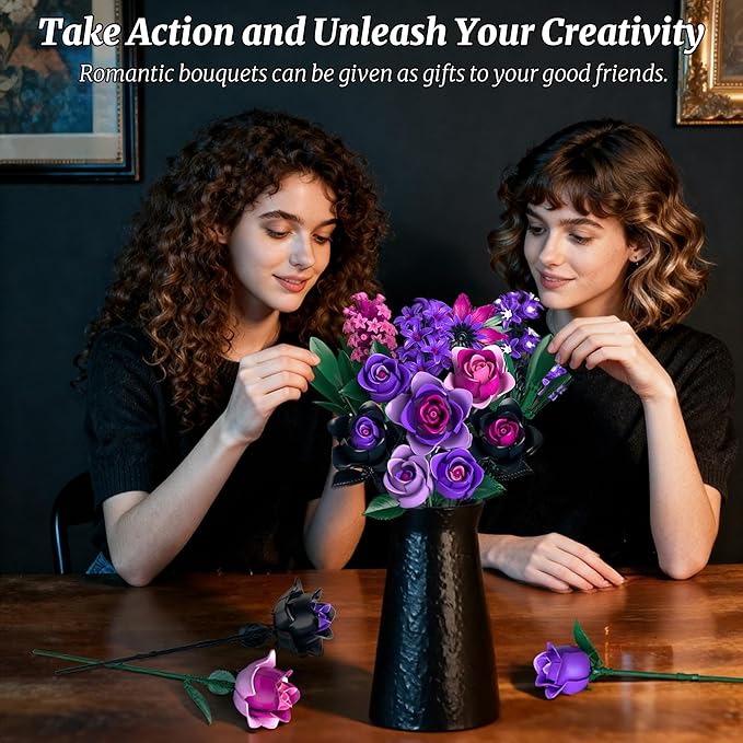 Purple Rose Bouquet Building Set: Compatible with Lego Flowers for Adults Women Gothic Artificial Botanical Collection Halloween Christmas Valentine's Gifts Home Decor (458 PCS)