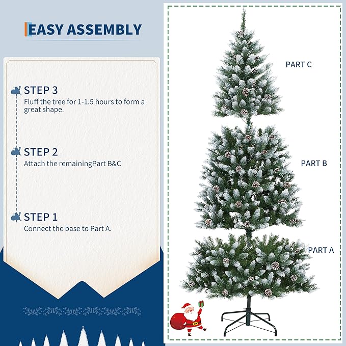2025 Christmas Pre-Lit Pencil Tree 9FT with Lights, Automatic White Spray Artificial Xmas Tree with Pinecone, Decor for Christmas Holiday
