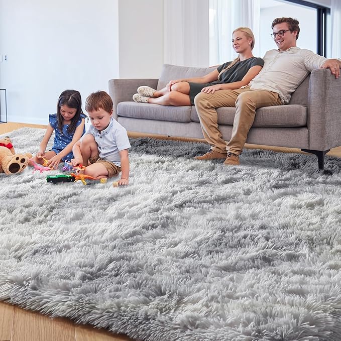 PAGISOFE Light Grey Shaggy Abstract Area Rug 6x9 Feet, Plush Fluffy Rugs for Living Room, Soft Rug for Bedroom, Furry Rugs for Girls Boys Kids Room, Large Fuzzy Rug for Playroom, Shag Carpet
